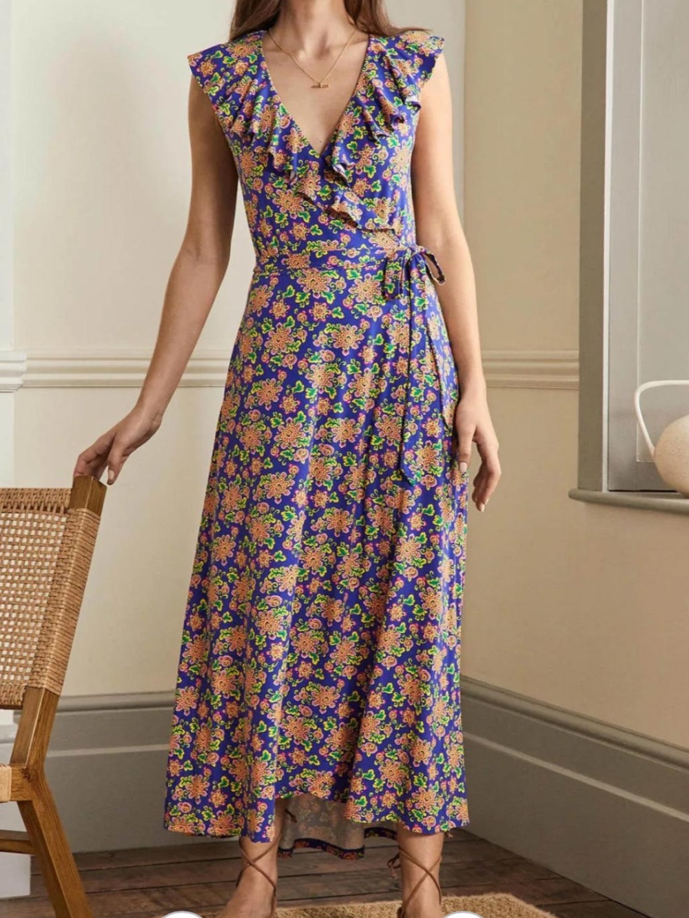 Boden Blue Saskia Medallion Floral Ruffle-Trim Wrap Maxi Knit Jersey Dress